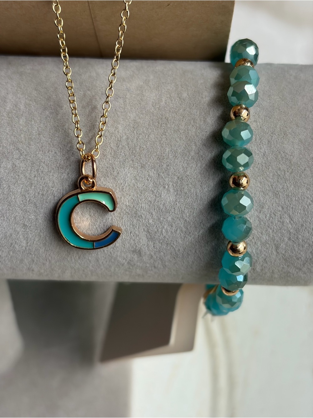 Gold Initial 'C' Necklace with Teal Enamel & Teal Beaded Bracelet Set